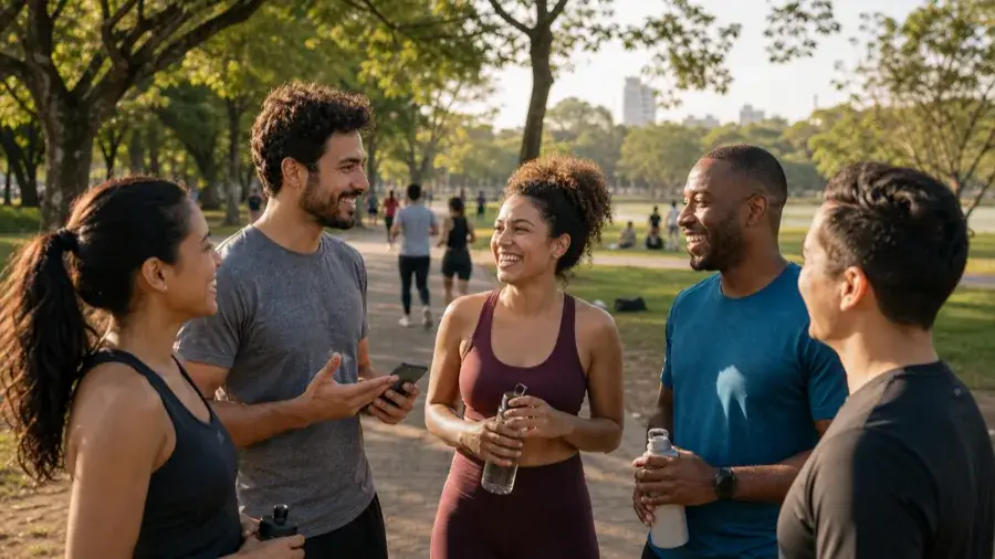 Comunidades locais no Brasil Grupo diverso de adultos brasileiros conversando depois de uma atividade no Parque Ibirapuera