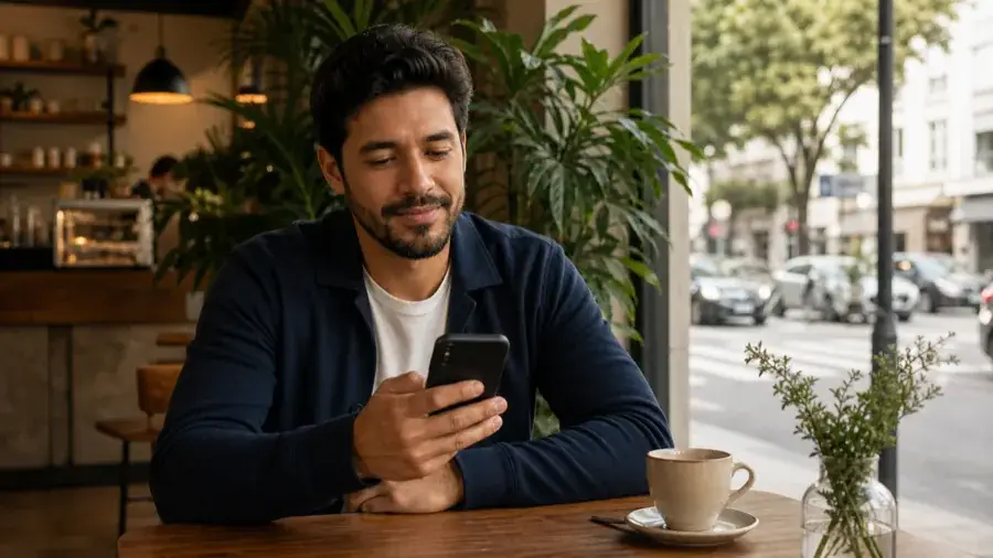 Privacidade para conhecer pessoas no Brasil Homem brasileiro adulto usando o Menta Social com privacidade em um café urbano