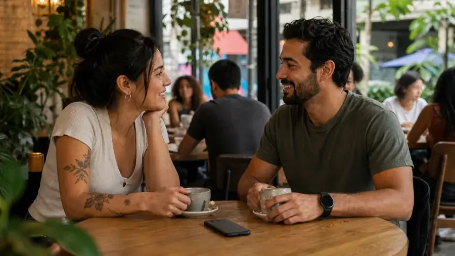 Conexões diretas e sem joguinhos Dois adultos brasileiros conversando em um café de São Paulo com transparência e naturalidade