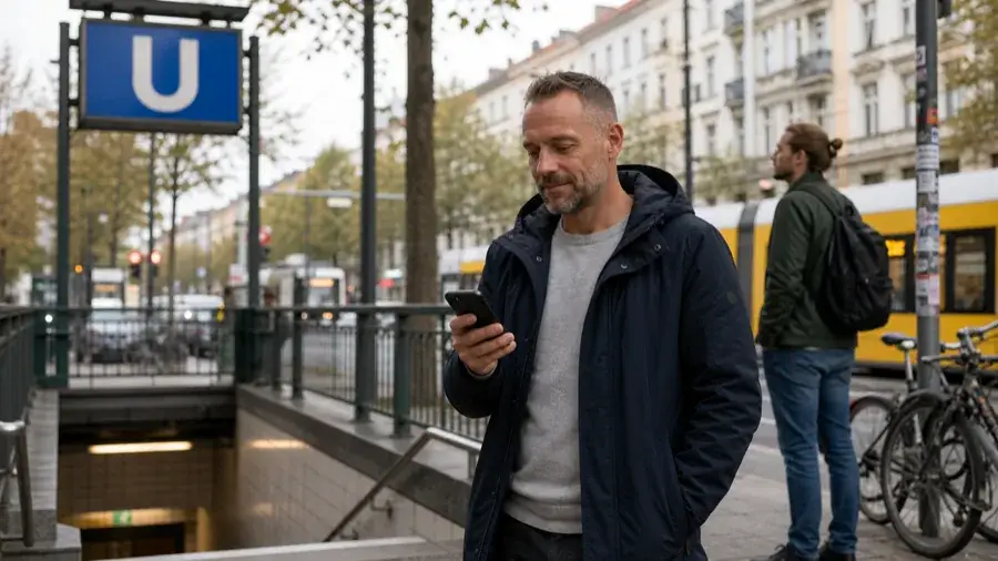 Erwachsener Mann nutzt Menta Social in der Nähe einer U-Bahn mit geschützter ungefährer Entfernung