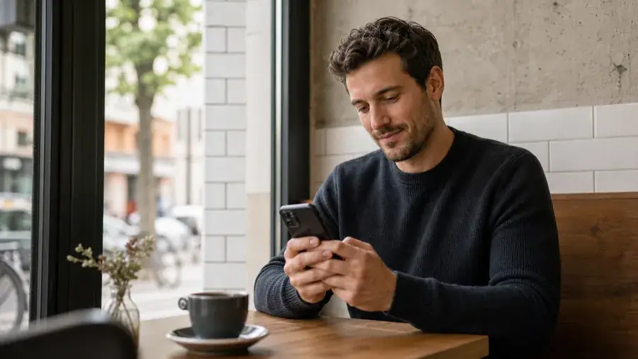Erwachsener deutscher Nutzer verwaltet ein privates Album in Menta Social in einem Berliner Café