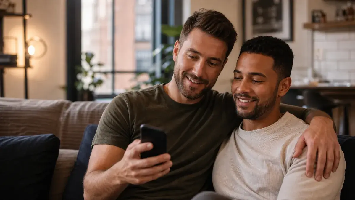 Smiling couple of men talking