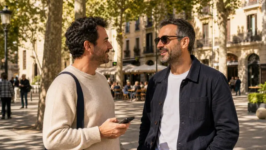 Dos hombres adultos conversando en una plaza de Barcelona con ubicación aproximada protegida