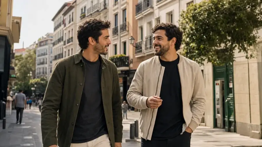 Dos hombres adultos caminando por una calle de Madrid y conversando de forma natural