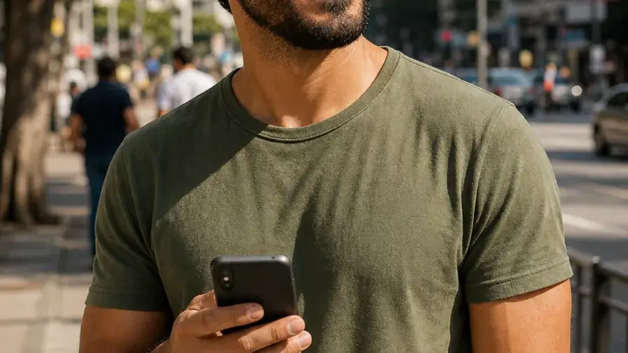 Localização segura no Brasil Homem brasileiro adulto usando o Menta Social na Avenida Paulista com localização protegida