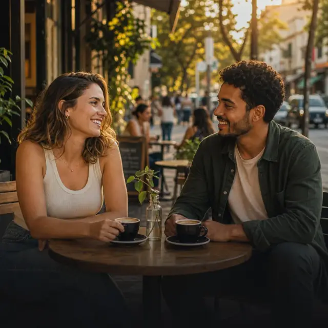 Two people talking in a neighborhood coffee shop
