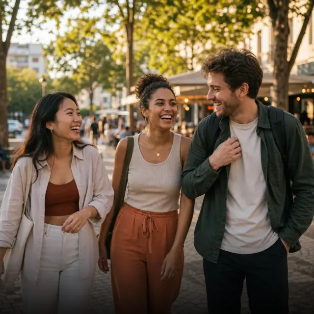 A diverse group of friends walking through the city