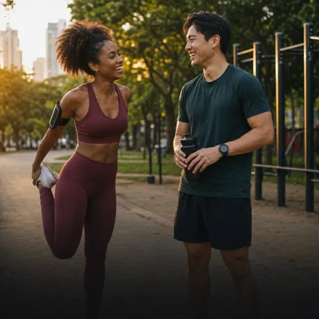 Two people meeting for a workout in an urban park