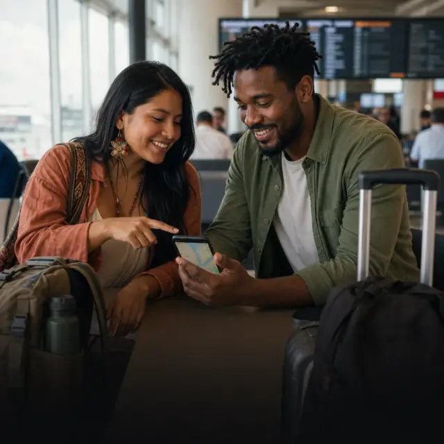 Two people planning a trip with luggage and a phone