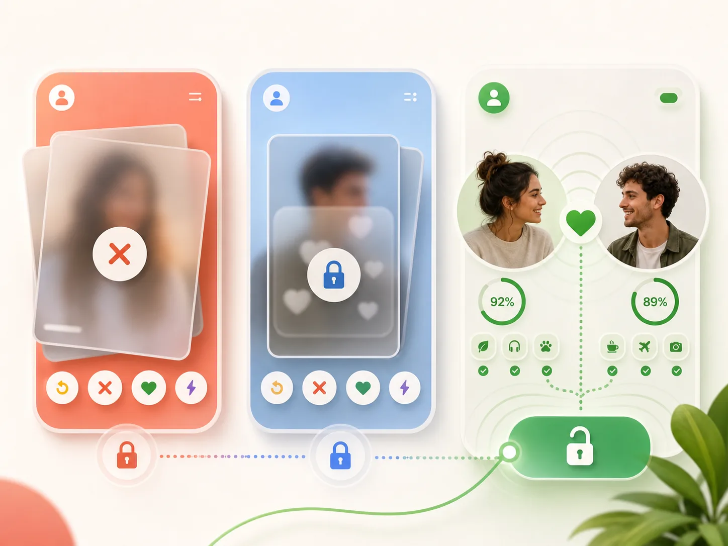 Visual comparison between swipe-based dating apps and a transparent affinity-based experience