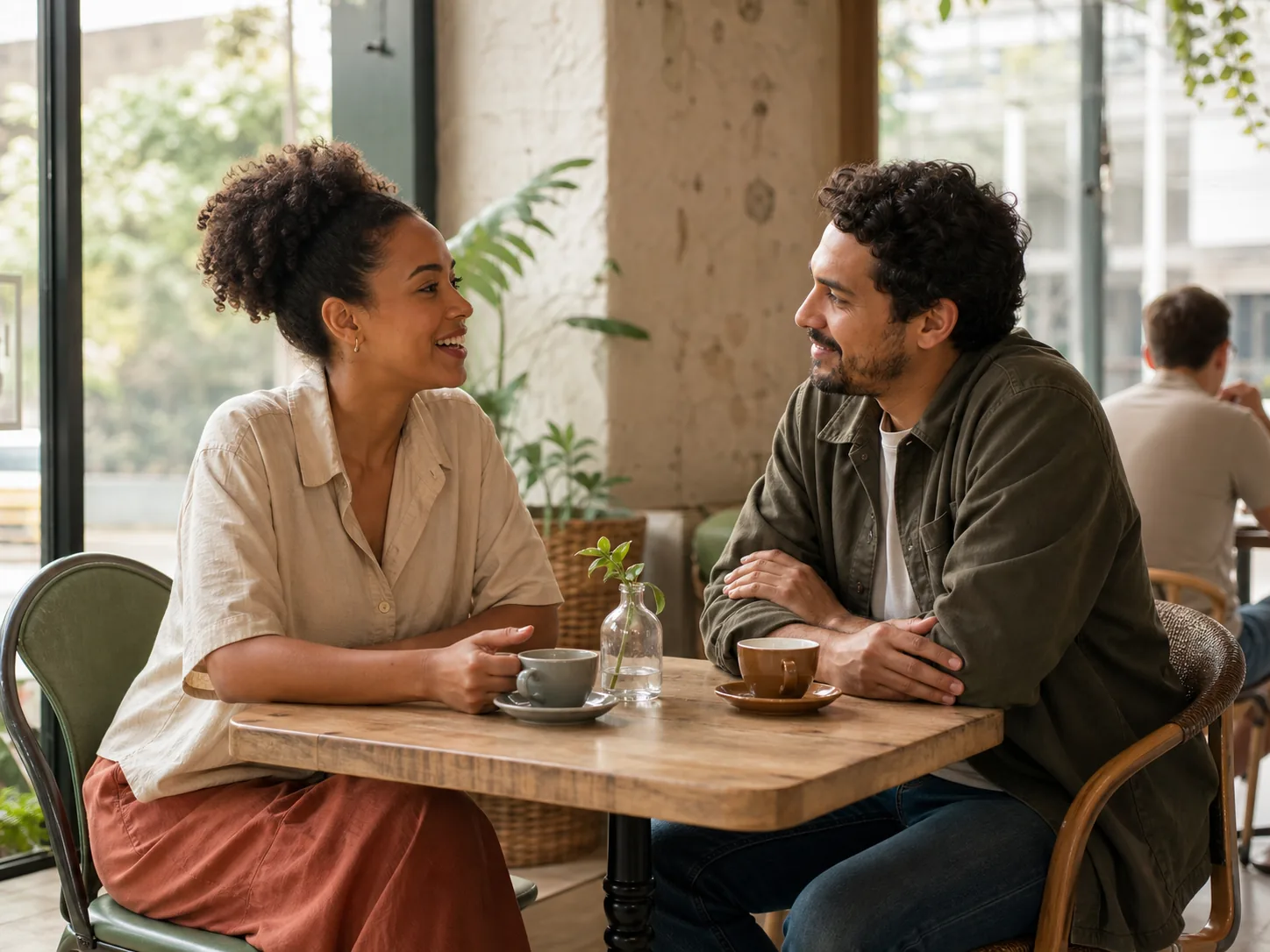 Two adults talking in a bright coffee shop during a first meeting