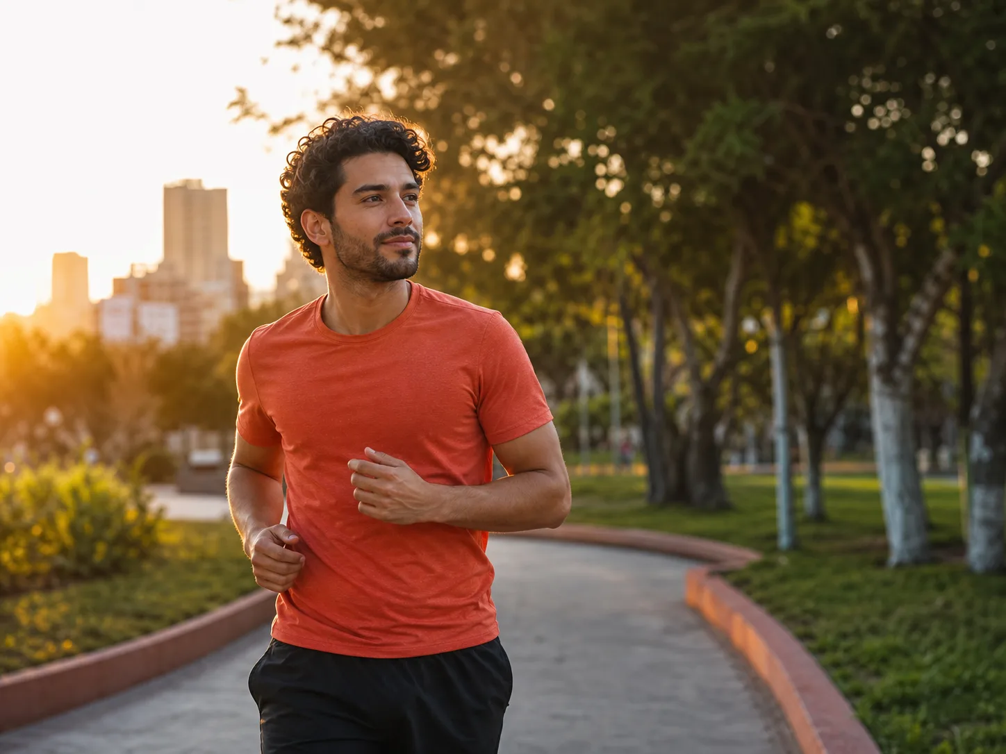 Person jogging alone through an urban park at golden hour in a moment of reflection and emotional clarity