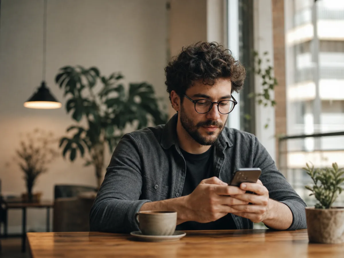 Man using a phone in a cafe while reviewing privacy settings in a dating app