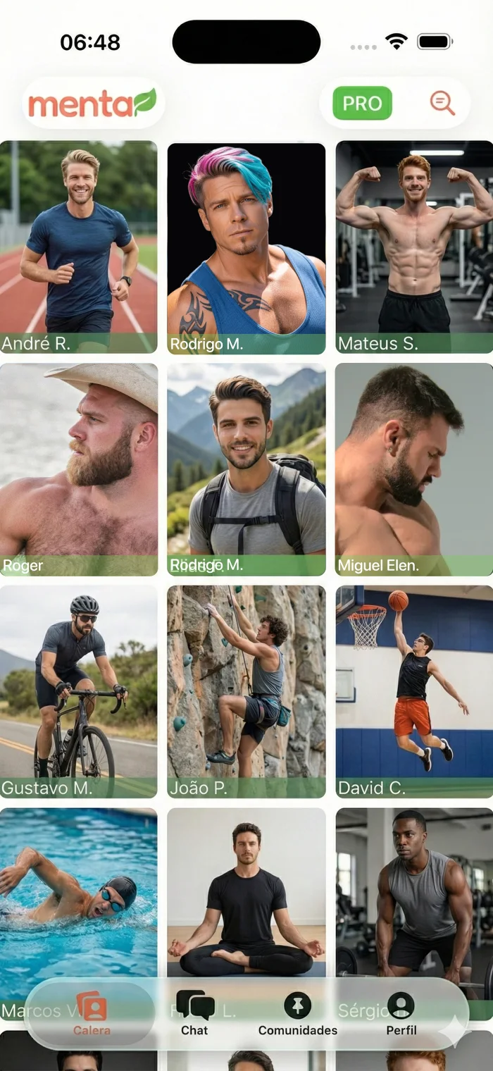 Menta Social screen showing nearby men and their interests