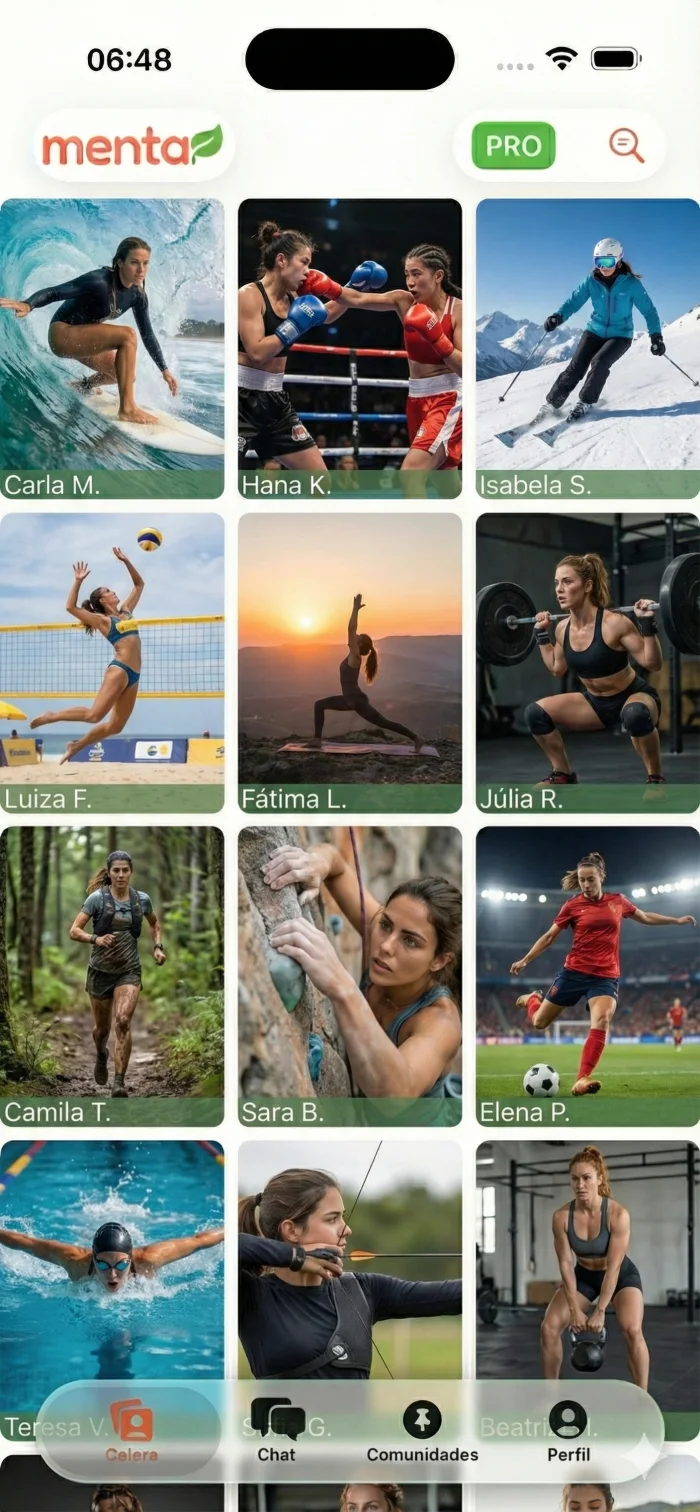 Menta Social screen showing nearby women and their interests