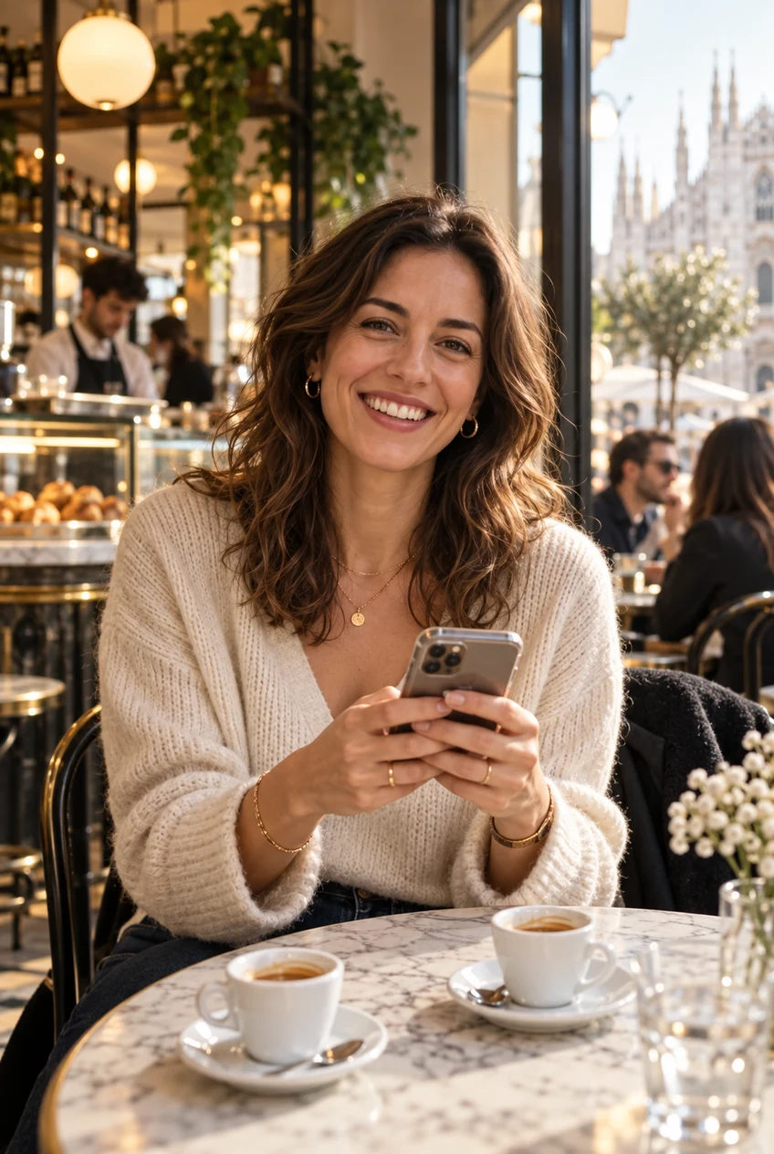 Donna adulta americana che usa Menta Social in una moderna caffetteria cittadina