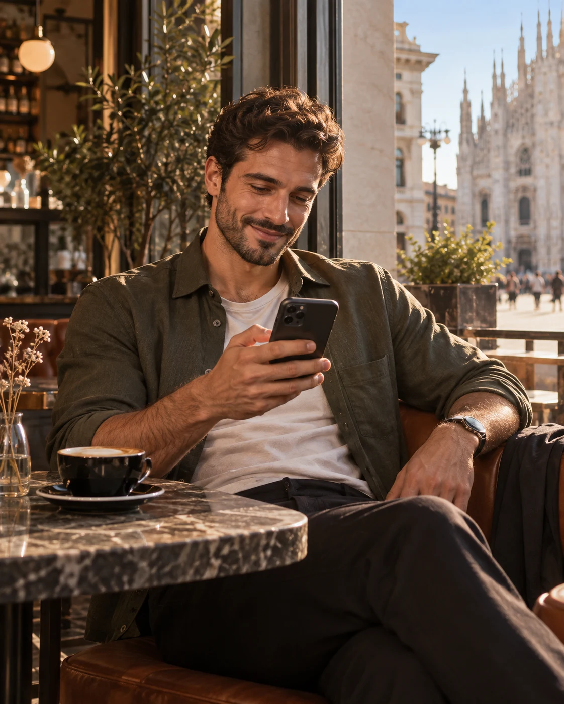 Un uomo adulto in un moderno loft cittadino utilizza Menta Social come alternativa più privata a Grindr
