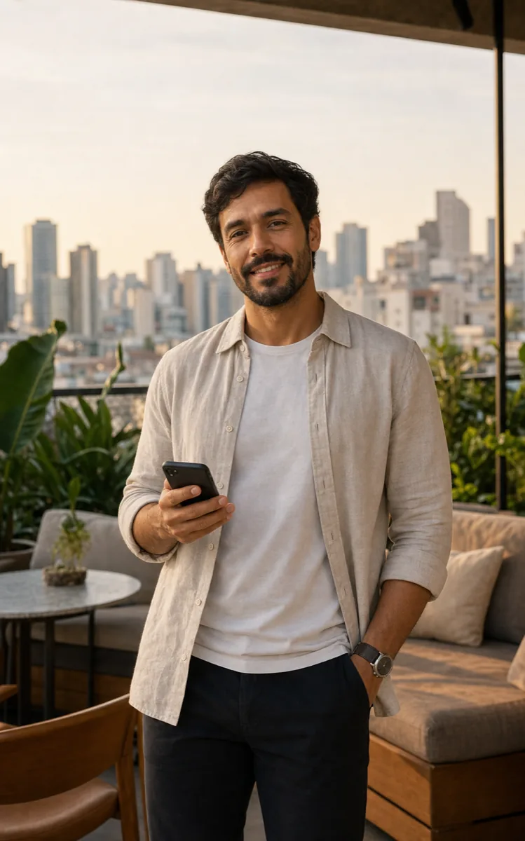 Homem brasileiro adulto usando o Menta Social em um rooftop urbano de São Paulo